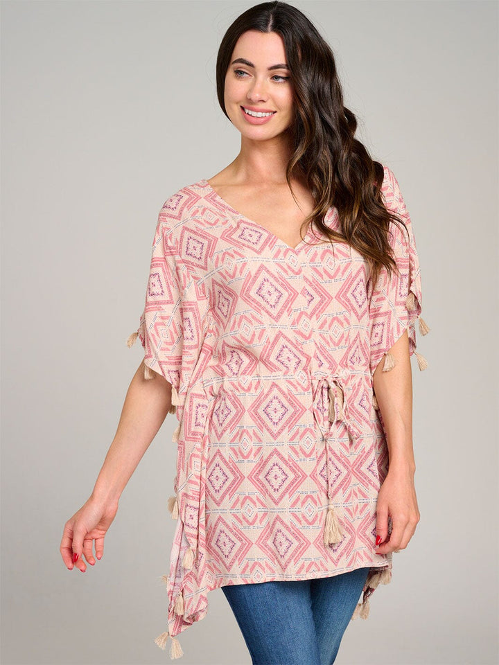 WOMEN'S SHORT PUFF SLEEVE V-NECK ADJUSTABLE WAIST MULTI PRINT TUNIC TOP