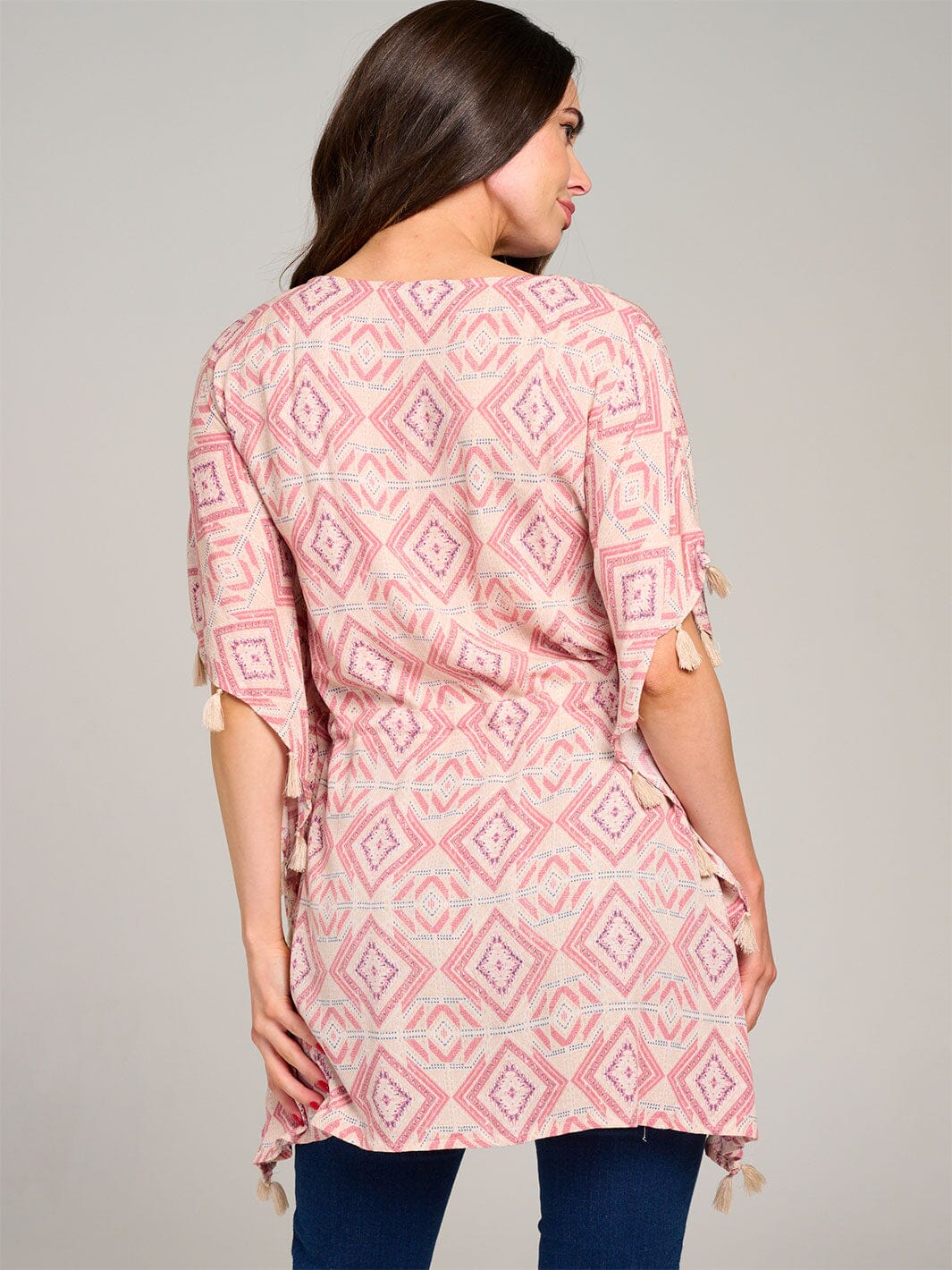 WOMEN'S SHORT PUFF SLEEVE V-NECK ADJUSTABLE WAIST MULTI PRINT TUNIC TOP