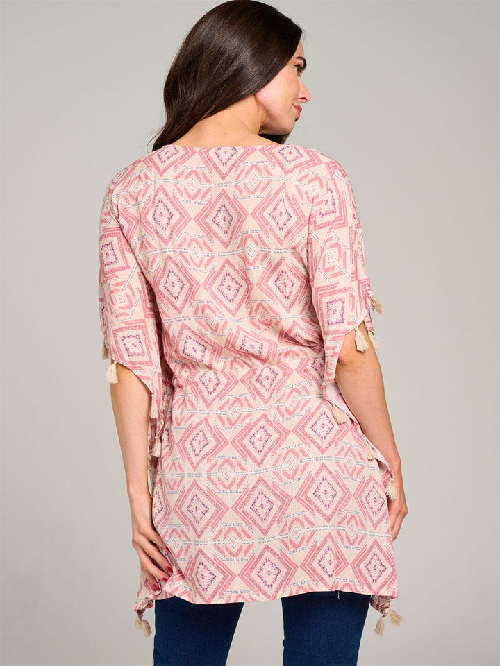 WOMEN'S SHORT PUFF SLEEVE V-NECK ADJUSTABLE WAIST MULTI PRINT TUNIC TOP