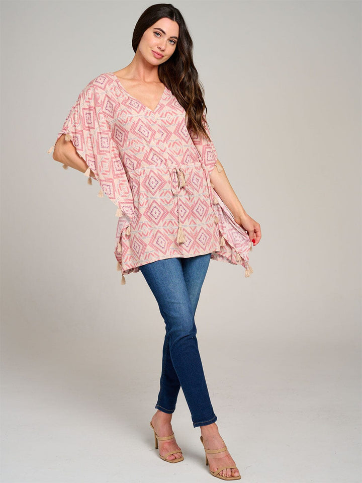WOMEN'S SHORT PUFF SLEEVE V-NECK ADJUSTABLE WAIST MULTI PRINT TUNIC TOP