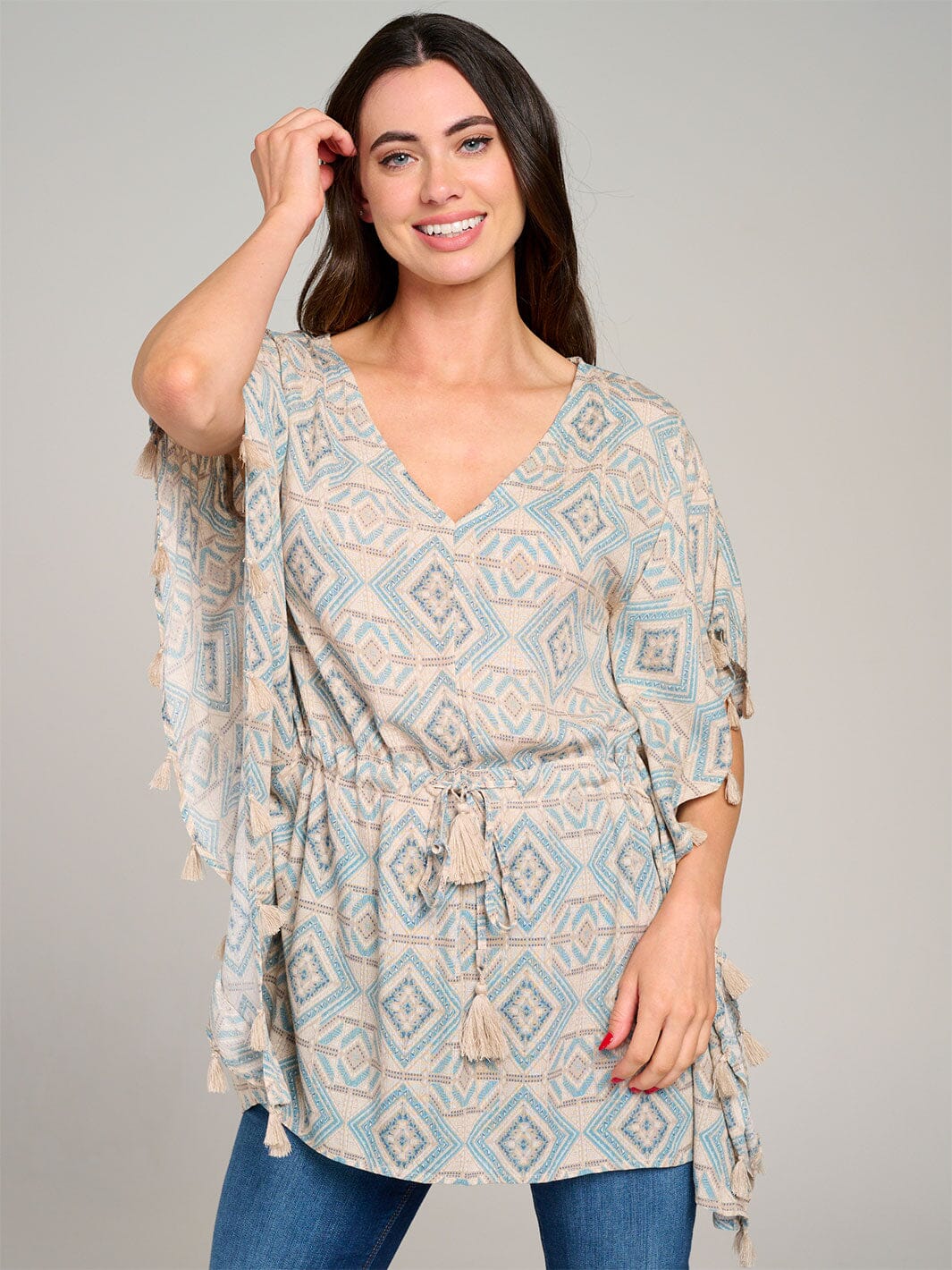 WOMEN'S SHORT PUFF SLEEVE V-NECK ADJUSTABLE WAIST MULTI PRINT TUNIC TOP