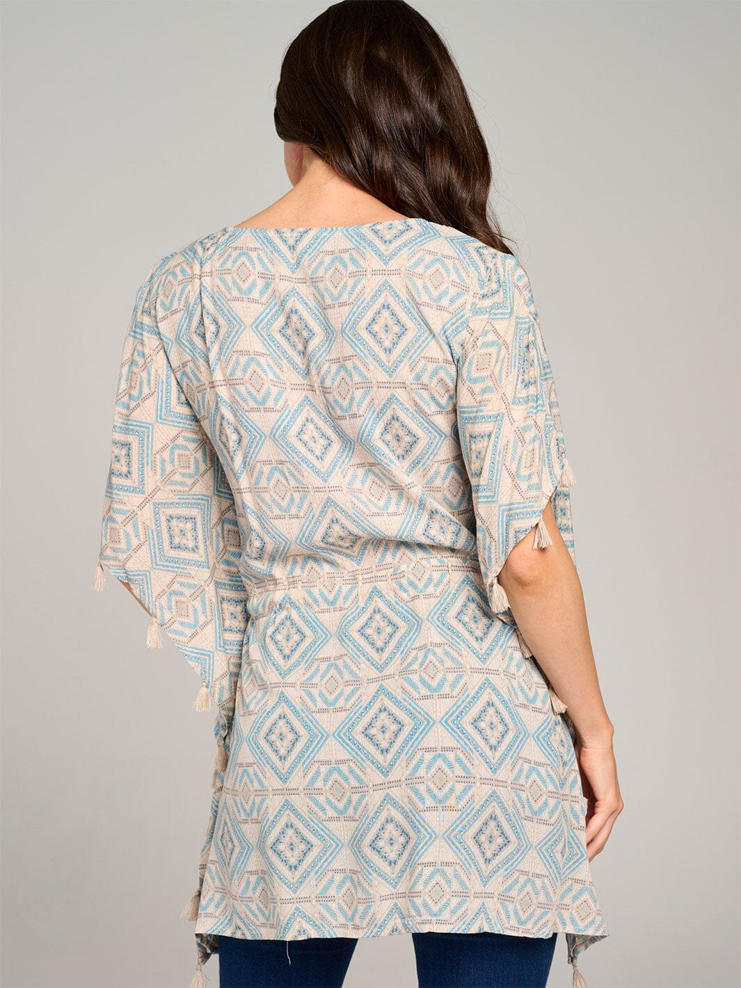 WOMEN'S SHORT PUFF SLEEVE V-NECK ADJUSTABLE WAIST MULTI PRINT TUNIC TOP