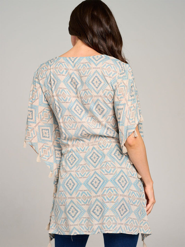 WOMEN'S SHORT PUFF SLEEVE V-NECK ADJUSTABLE WAIST MULTI PRINT TUNIC TOP