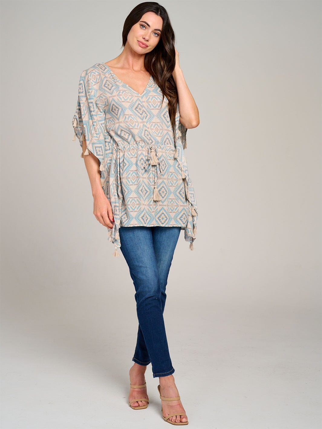 WOMEN'S SHORT PUFF SLEEVE V-NECK ADJUSTABLE WAIST MULTI PRINT TUNIC TOP