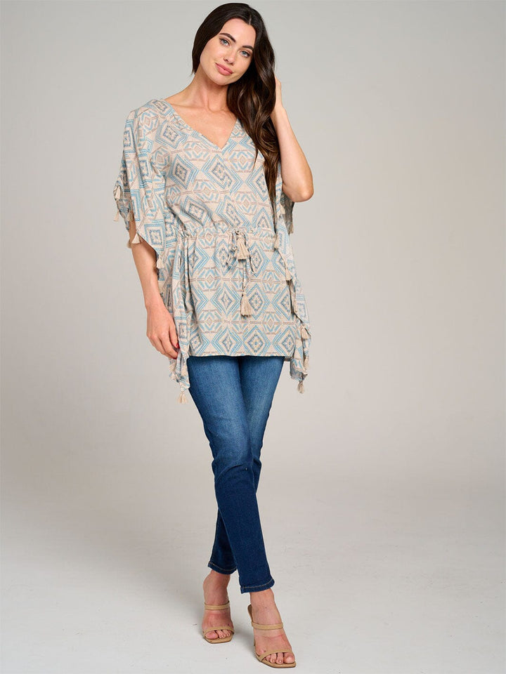 WOMEN'S SHORT PUFF SLEEVE V-NECK ADJUSTABLE WAIST MULTI PRINT TUNIC TOP