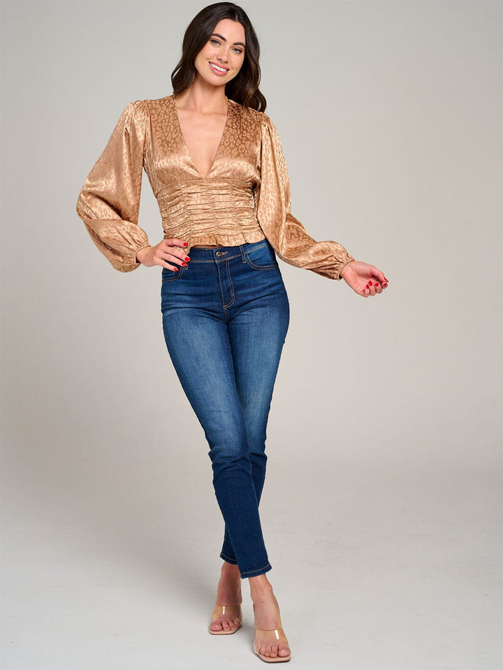 WOMEN'S LONG SLEEVE V-NECK RUCHED ANIMAL PRINT BLOUSE