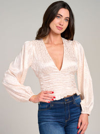 WOMEN'S LONG SLEEVE V-NECK RUCHED ANIMAL PRINT BLOUSE