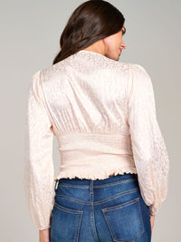 WOMEN'S LONG SLEEVE V-NECK RUCHED ANIMAL PRINT BLOUSE