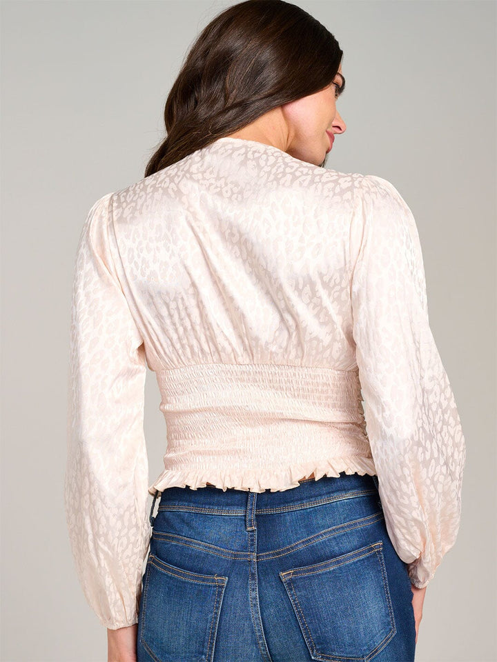 WOMEN'S LONG SLEEVE V-NECK RUCHED ANIMAL PRINT BLOUSE