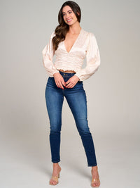 WOMEN'S LONG SLEEVE V-NECK RUCHED ANIMAL PRINT BLOUSE