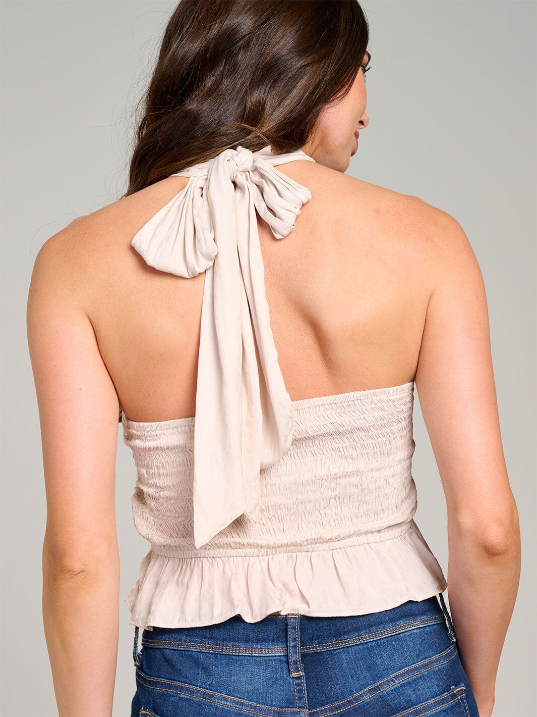 WOMEN'S SLEEVELESS HALTER NECK OPEN BACK SMOCK CROP TOP