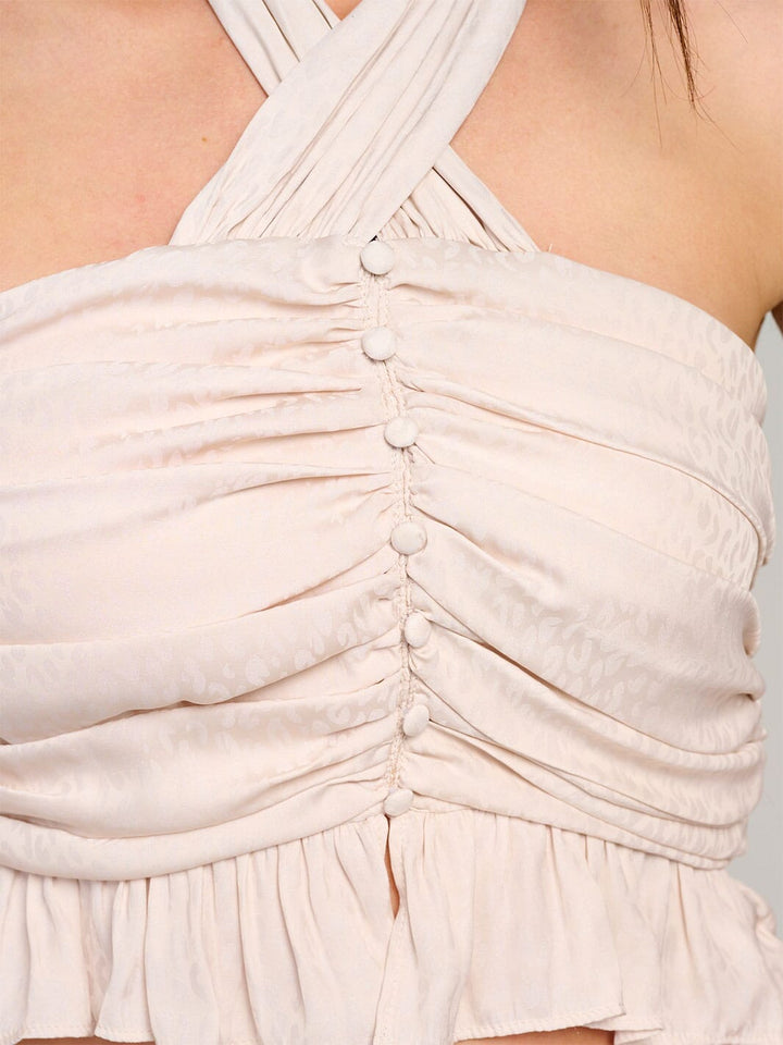 WOMEN'S SLEEVELESS HALTER NECK OPEN BACK SMOCK CROP TOP