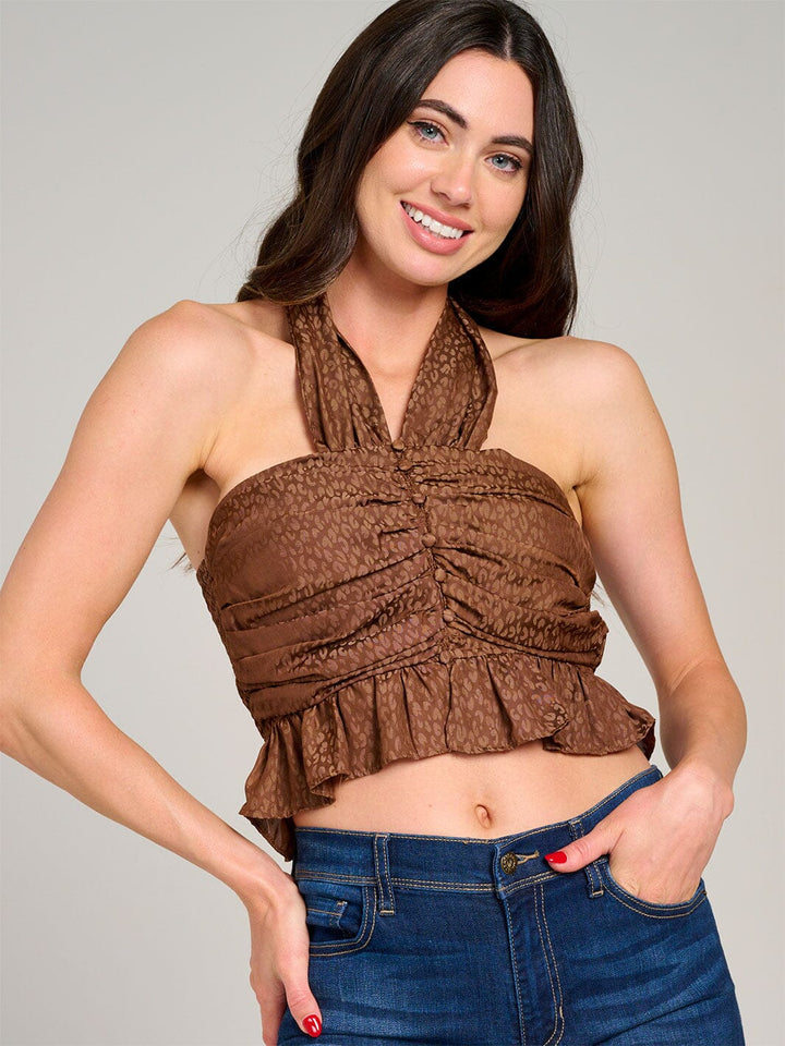 WOMEN'S SLEEVELESS HALTER NECK OPEN BACK SMOCK CROP TOP