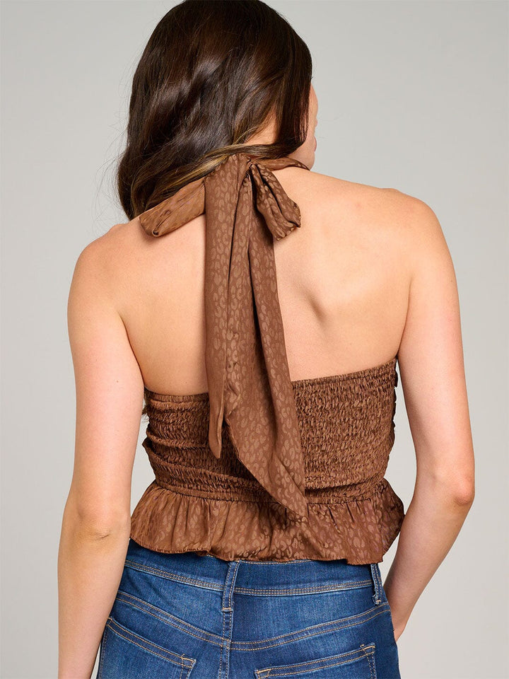 WOMEN'S SLEEVELESS HALTER NECK OPEN BACK SMOCK CROP TOP