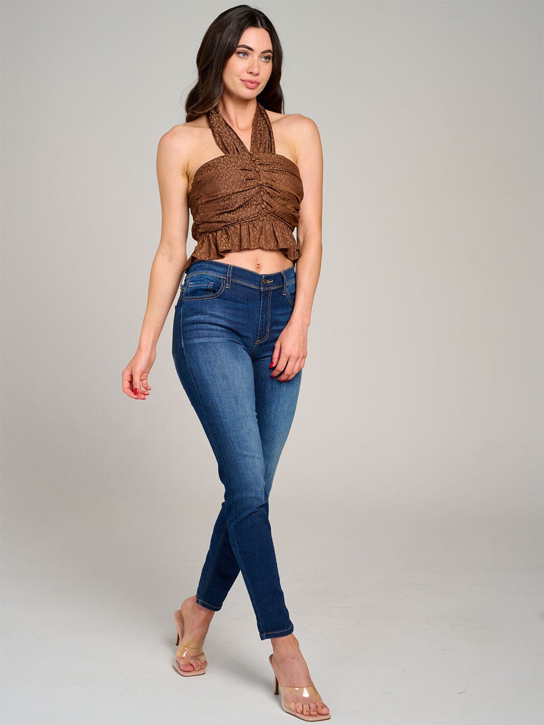 WOMEN'S SLEEVELESS HALTER NECK OPEN BACK SMOCK CROP TOP