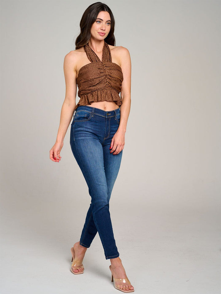 WOMEN'S SLEEVELESS HALTER NECK OPEN BACK SMOCK CROP TOP