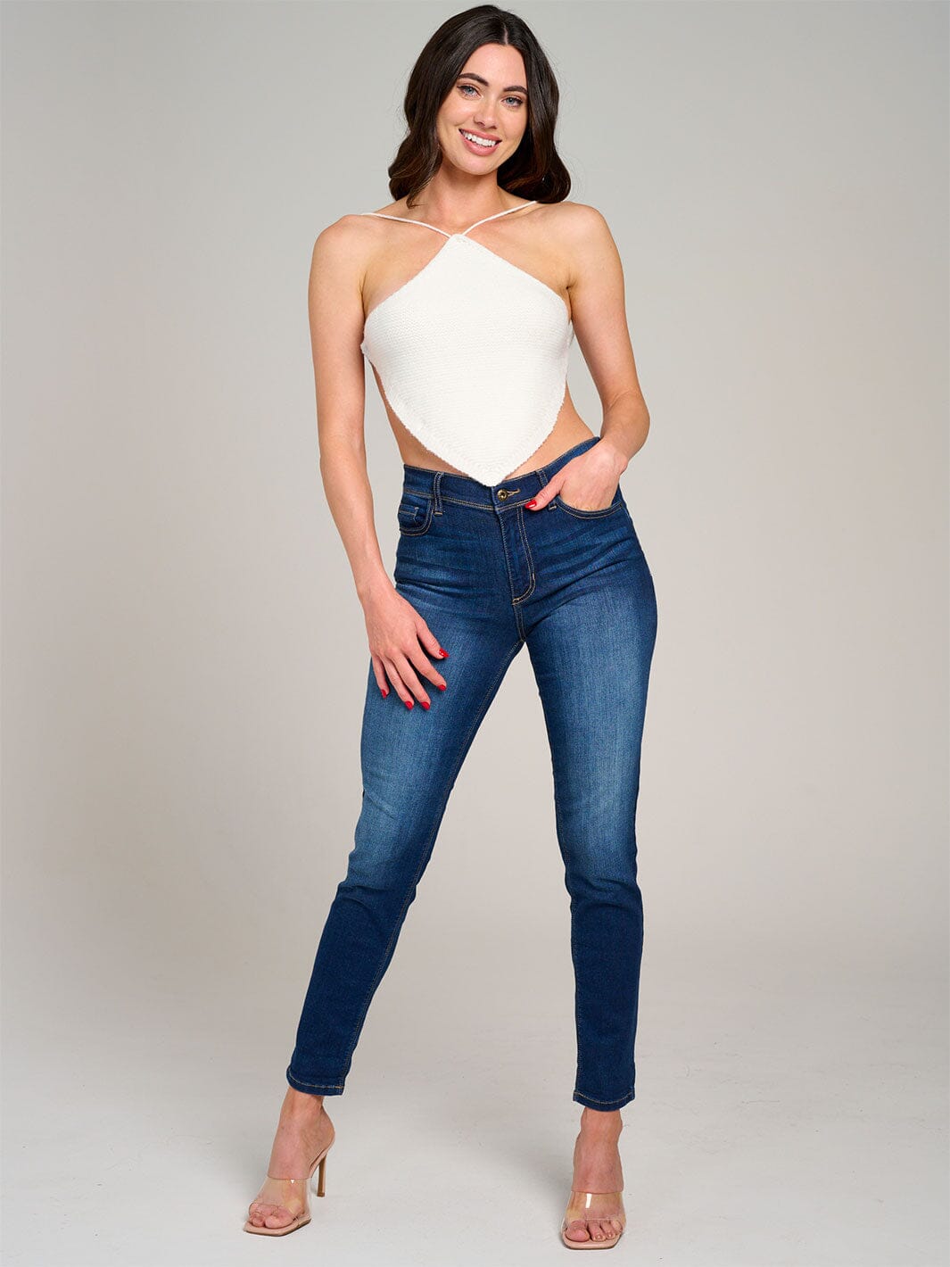 WOMEN'S SLEEVELESS HALTER NECK OPEN BACK KNIT CROP TOP