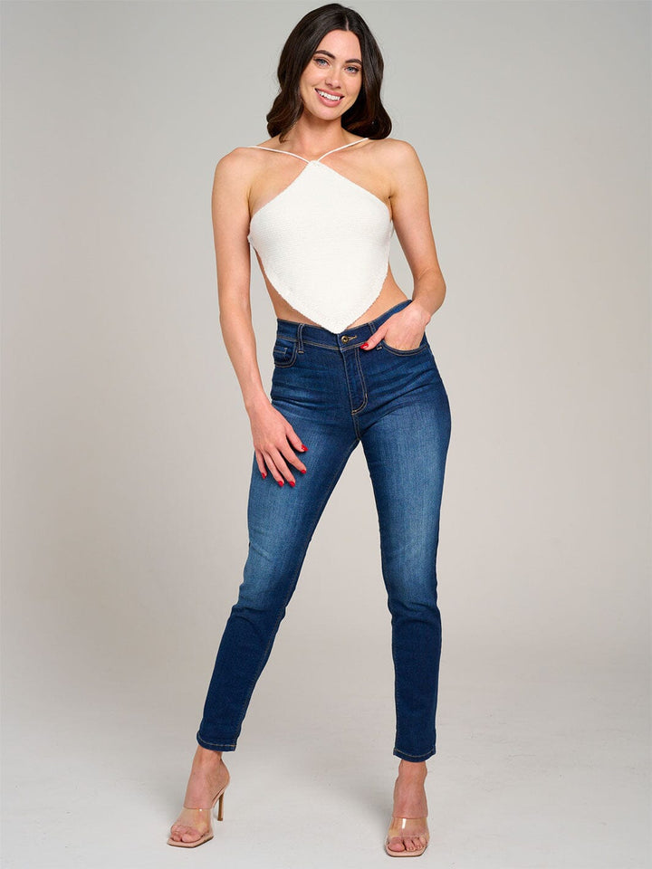 WOMEN'S SLEEVELESS HALTER NECK OPEN BACK KNIT CROP TOP