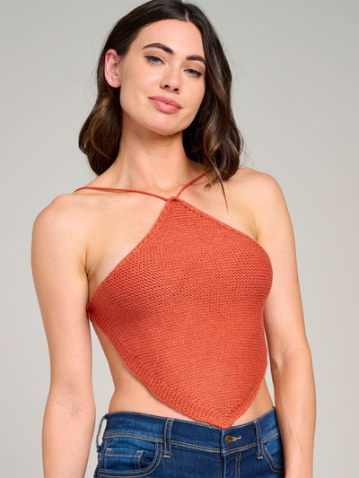 WOMEN'S SLEEVELESS HALTER NECK OPEN BACK KNIT CROP TOP