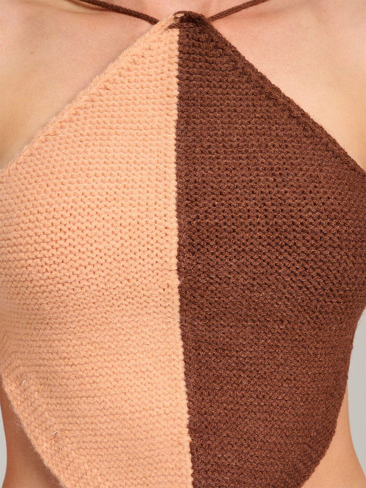 WOMEN'S SLEEVELESS HALTER NECK OPEN BACK COLORBLOCK KNIT CROP TOP