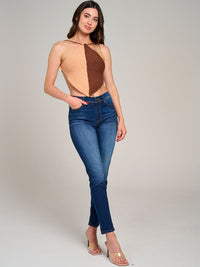 WOMEN'S SLEEVELESS HALTER NECK OPEN BACK COLORBLOCK KNIT CROP TOP