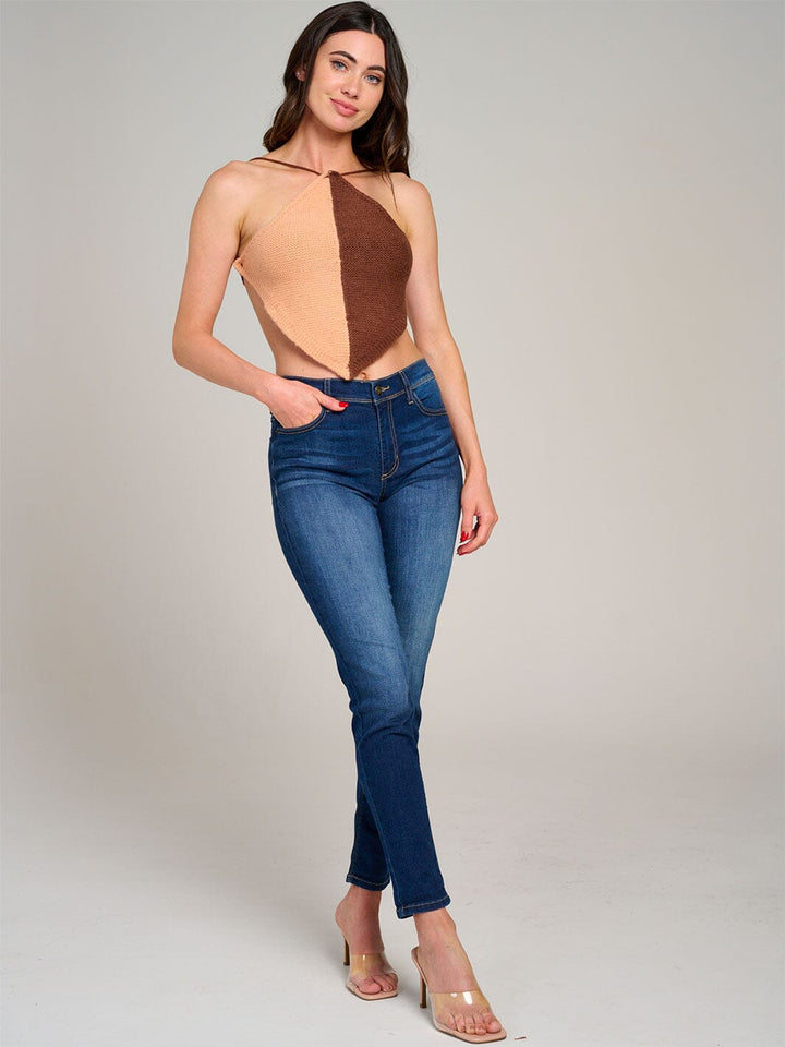 WOMEN'S SLEEVELESS HALTER NECK OPEN BACK COLORBLOCK KNIT CROP TOP