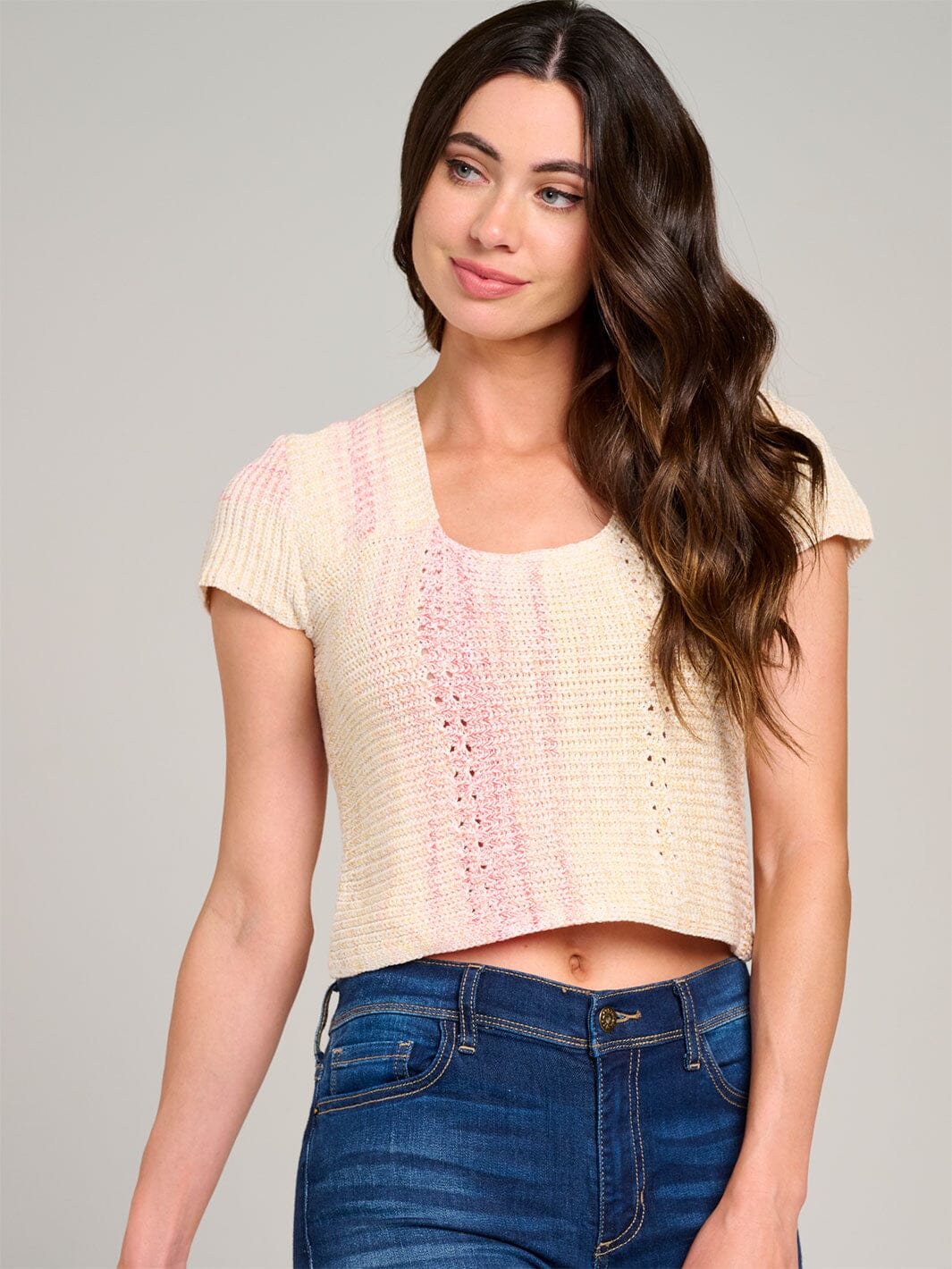 WOMEN'S SHORT SLEEVE SQUARE NECK OPEN BACK TIE DYE KNIT TOP