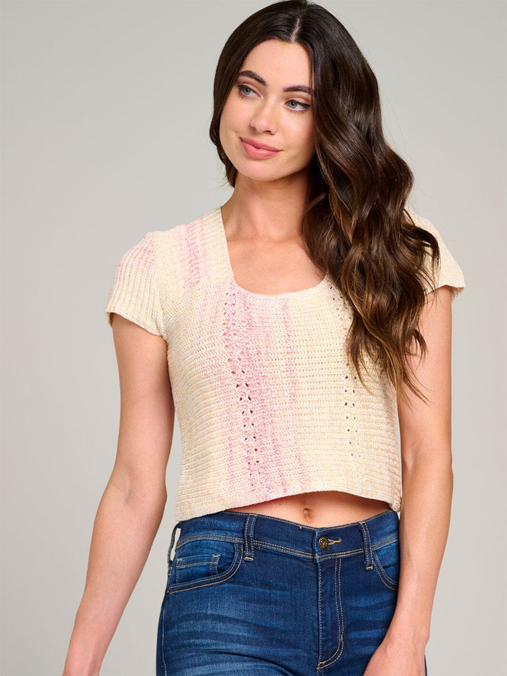 WOMEN'S SHORT SLEEVE SQUARE NECK OPEN BACK TIE DYE KNIT TOP