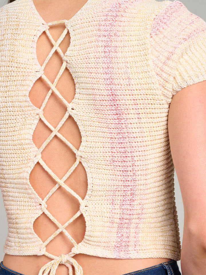 WOMEN'S SHORT SLEEVE SQUARE NECK OPEN BACK TIE DYE KNIT TOP