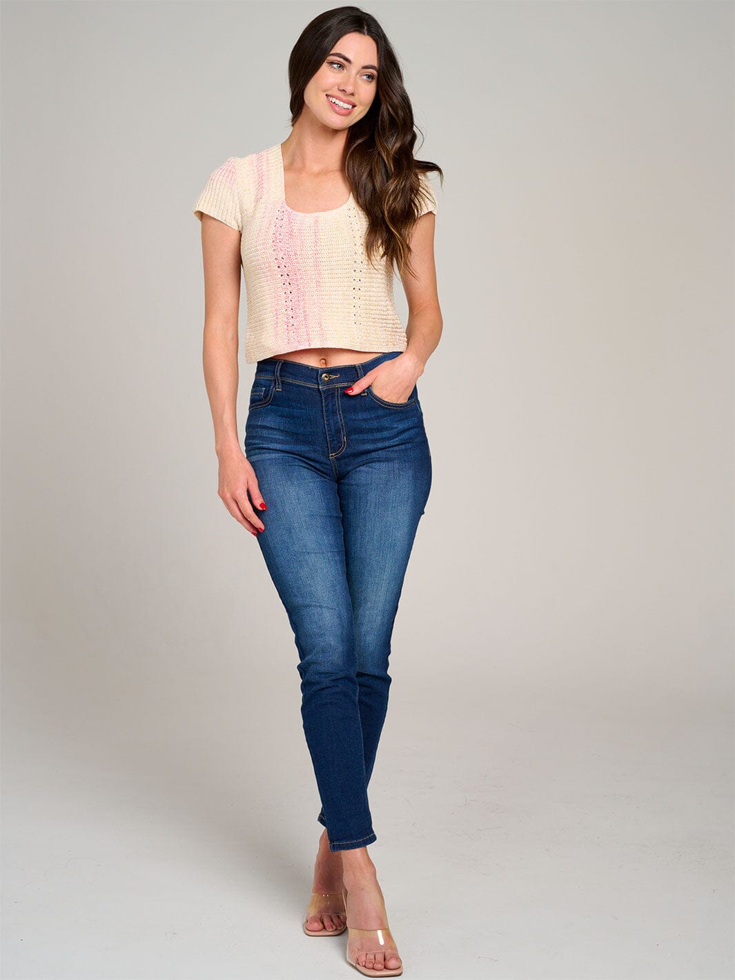 WOMEN'S SHORT SLEEVE SQUARE NECK OPEN BACK TIE DYE KNIT TOP