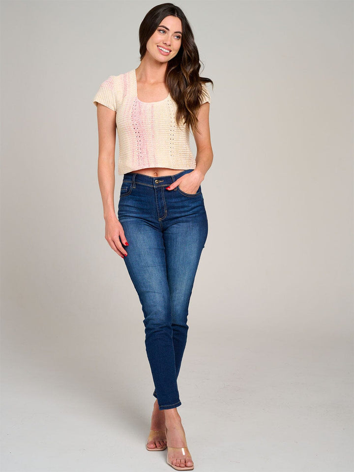 WOMEN'S SHORT SLEEVE SQUARE NECK OPEN BACK TIE DYE KNIT TOP