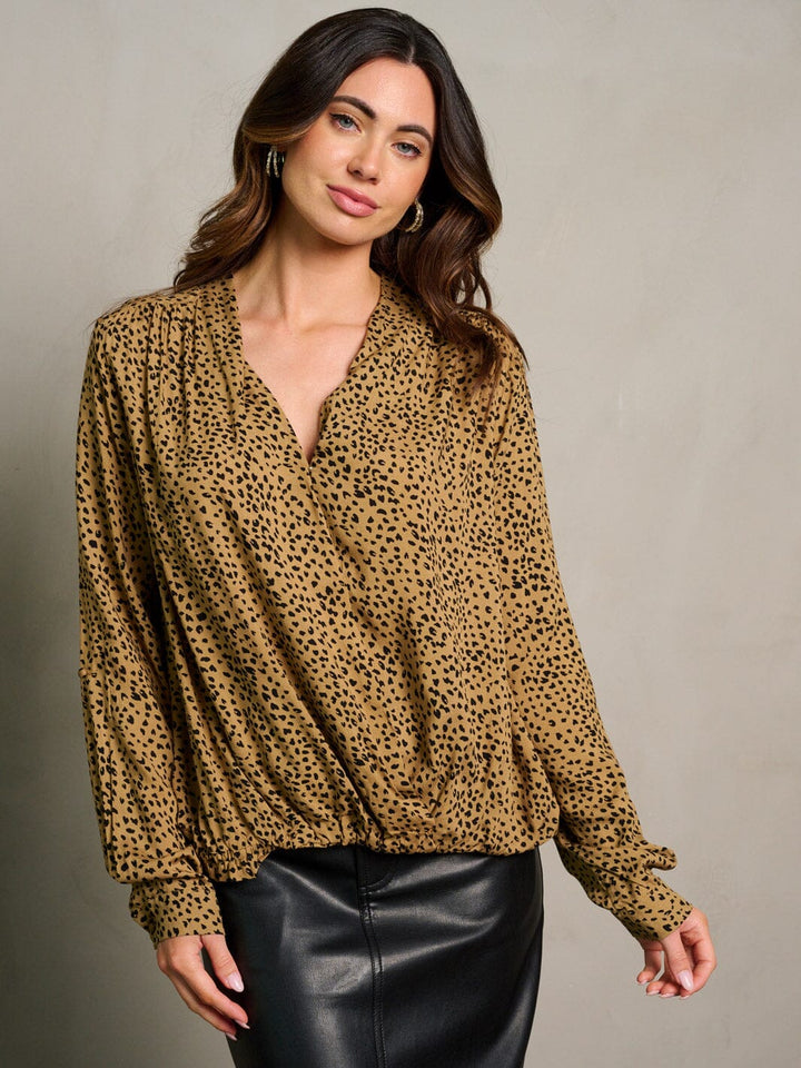 WOMEN'S LONG SLEEVE SURPLICE ANIMAL PRINT BLOUSE TOP