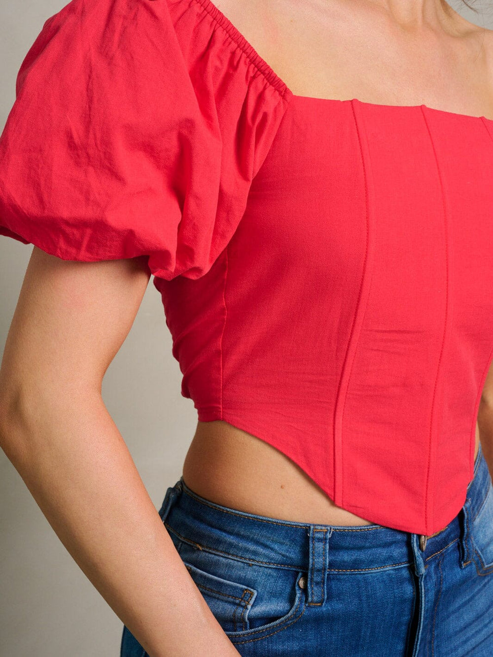 WOMEN'S SHORT PUFF SLEEVE SMOCK CROP TOP