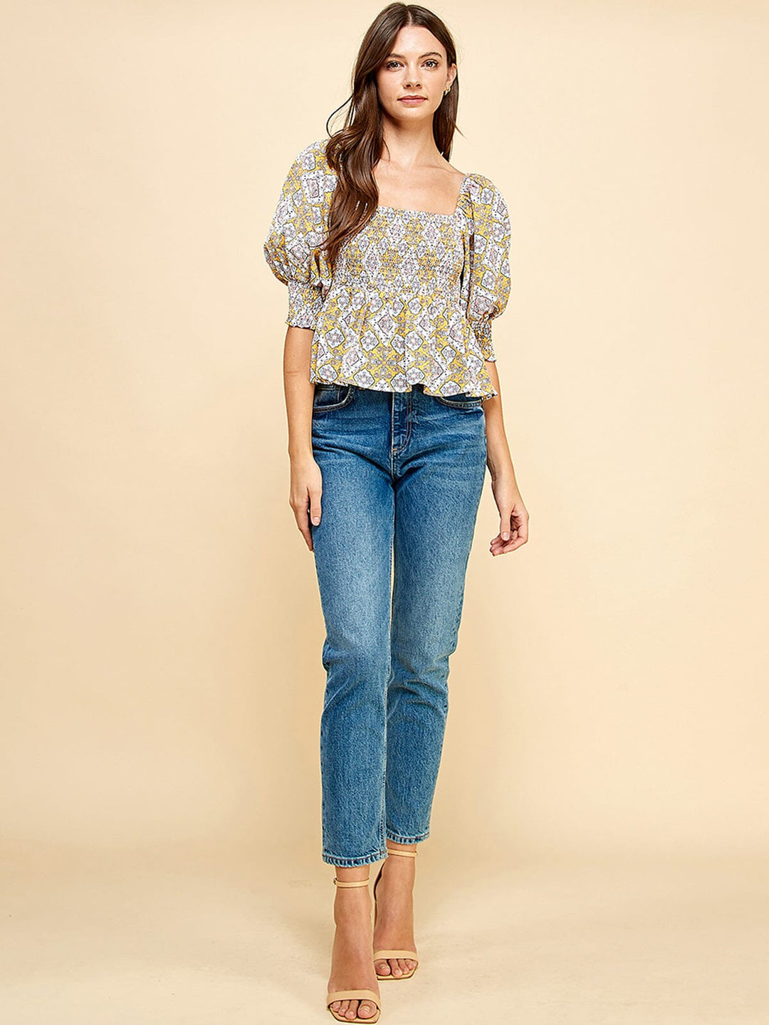 WOMEN'S SHORT PUFF SLEEVE SMOCK PEPLUM FLORAL BLOUSE TOP