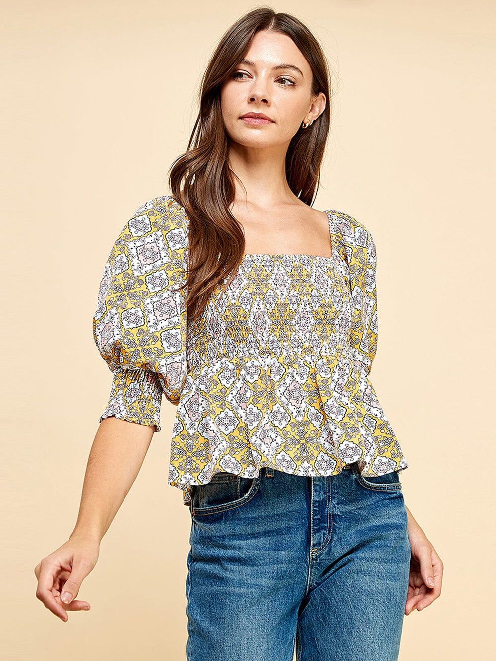 WOMEN'S SHORT PUFF SLEEVE SMOCK PEPLUM FLORAL BLOUSE TOP