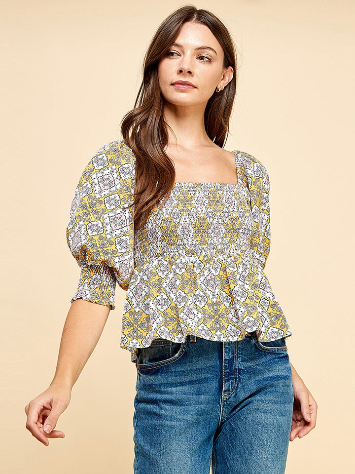 WOMEN'S SHORT PUFF SLEEVE SMOCK PEPLUM FLORAL BLOUSE TOP