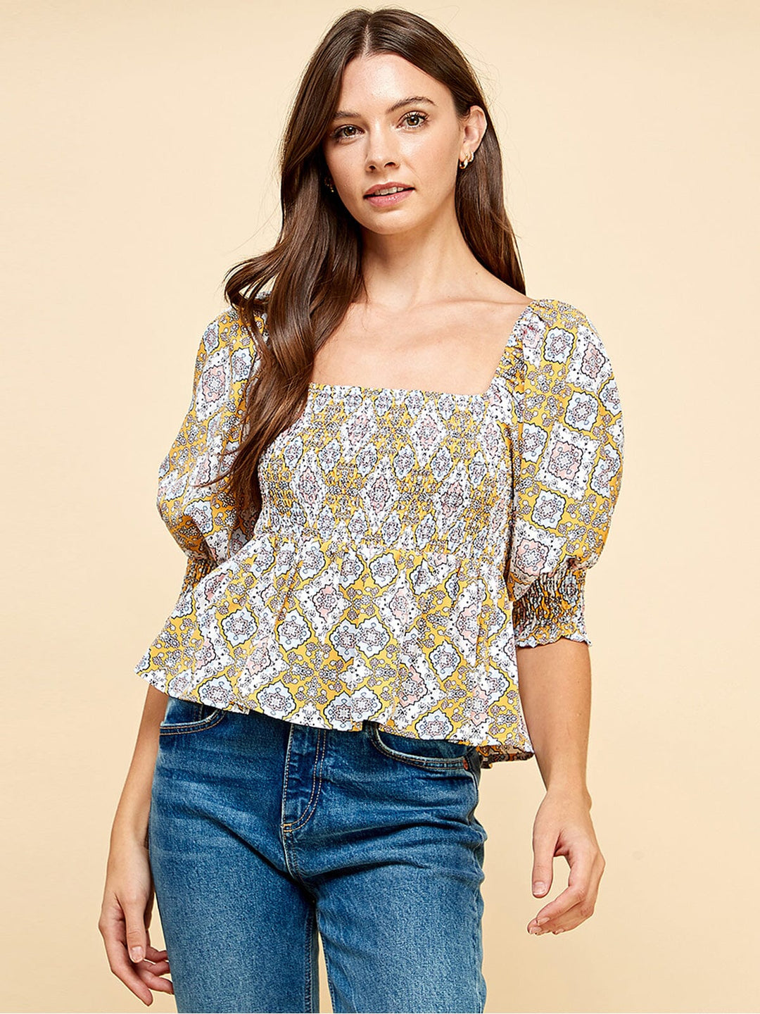 WOMEN'S SHORT PUFF SLEEVE SMOCK PEPLUM FLORAL BLOUSE TOP