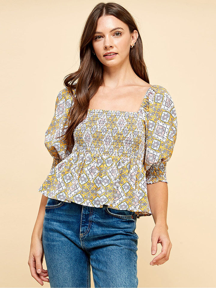 WOMEN'S SHORT PUFF SLEEVE SMOCK PEPLUM FLORAL BLOUSE TOP