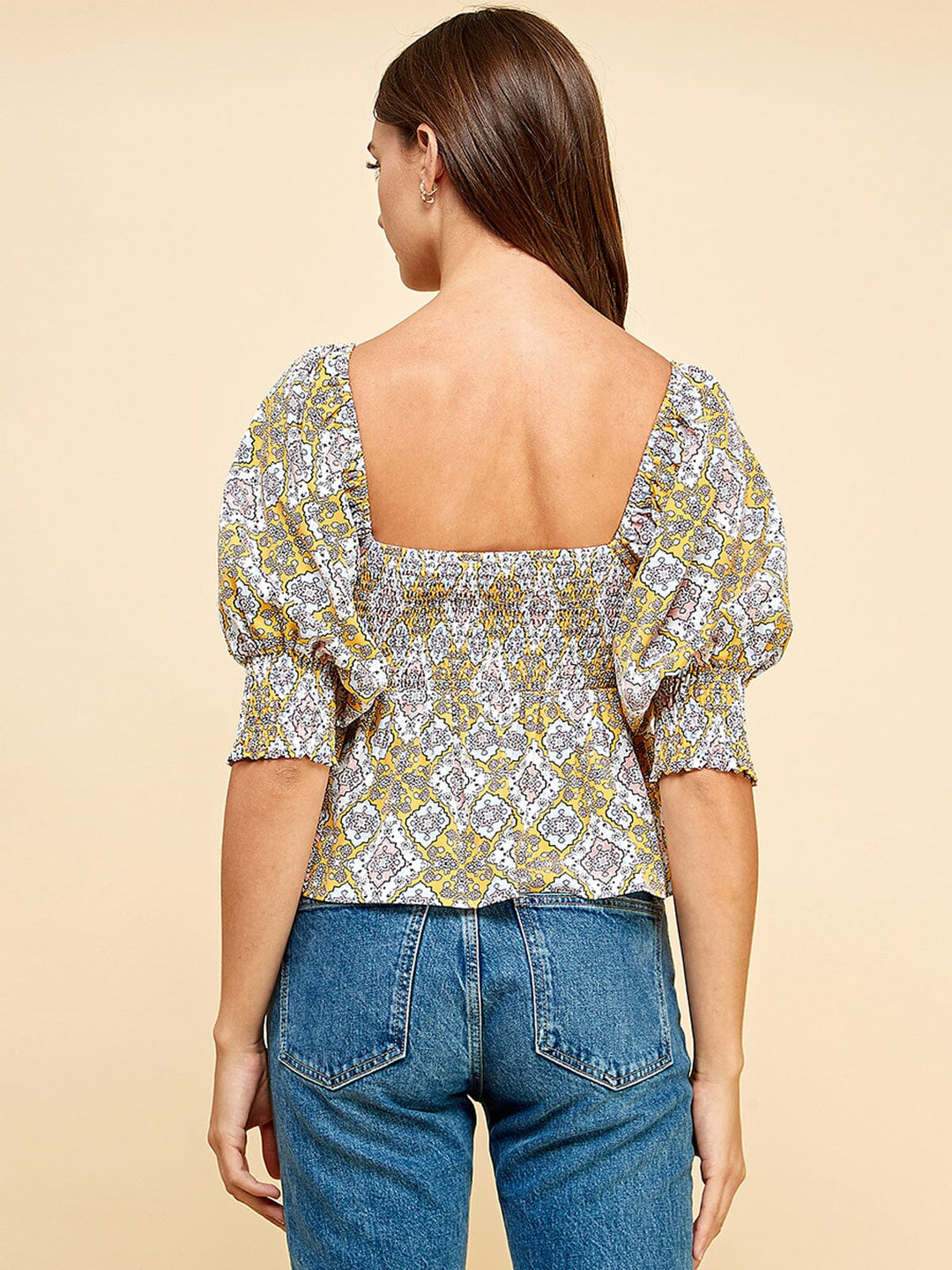 WOMEN'S SHORT PUFF SLEEVE SMOCK PEPLUM FLORAL BLOUSE TOP
