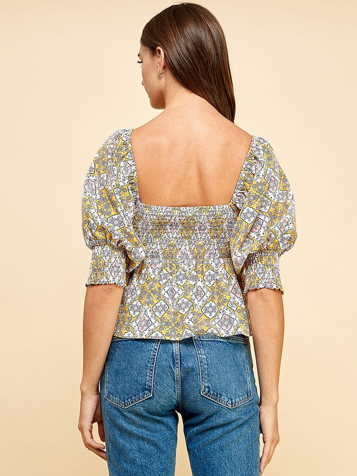 WOMEN'S SHORT PUFF SLEEVE SMOCK PEPLUM FLORAL BLOUSE TOP