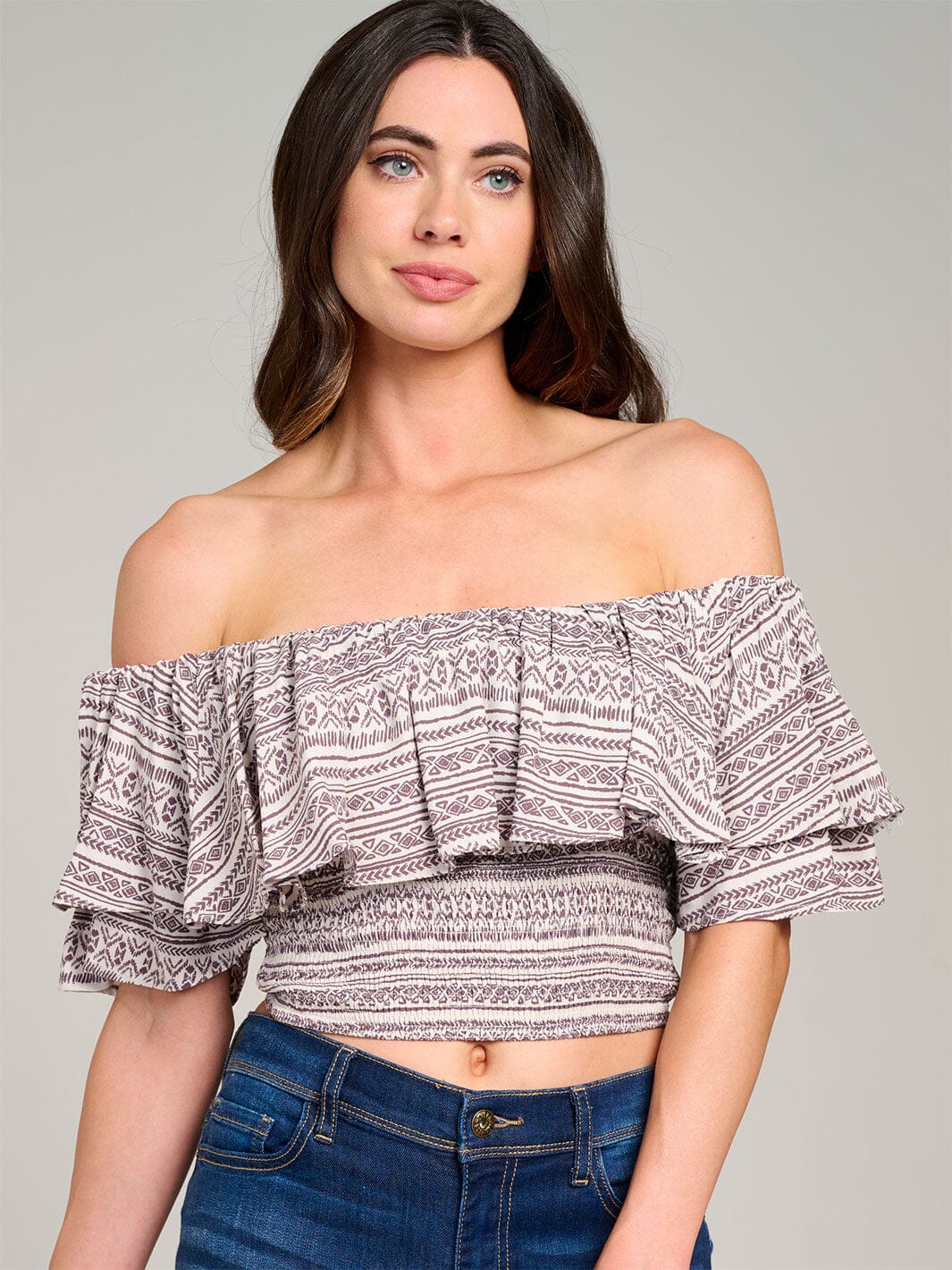 WOMEN'S SLEEVELESS OFF SHOULDER SMOCK RUFFLE PRINT CROP TOP