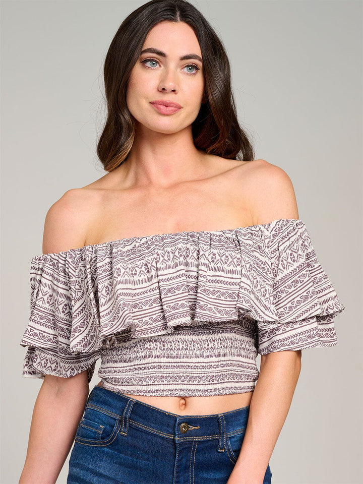WOMEN'S SLEEVELESS OFF SHOULDER SMOCK RUFFLE PRINT CROP TOP