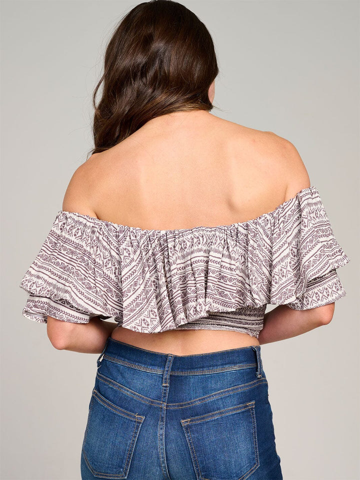 WOMEN'S SLEEVELESS OFF SHOULDER SMOCK RUFFLE PRINT CROP TOP