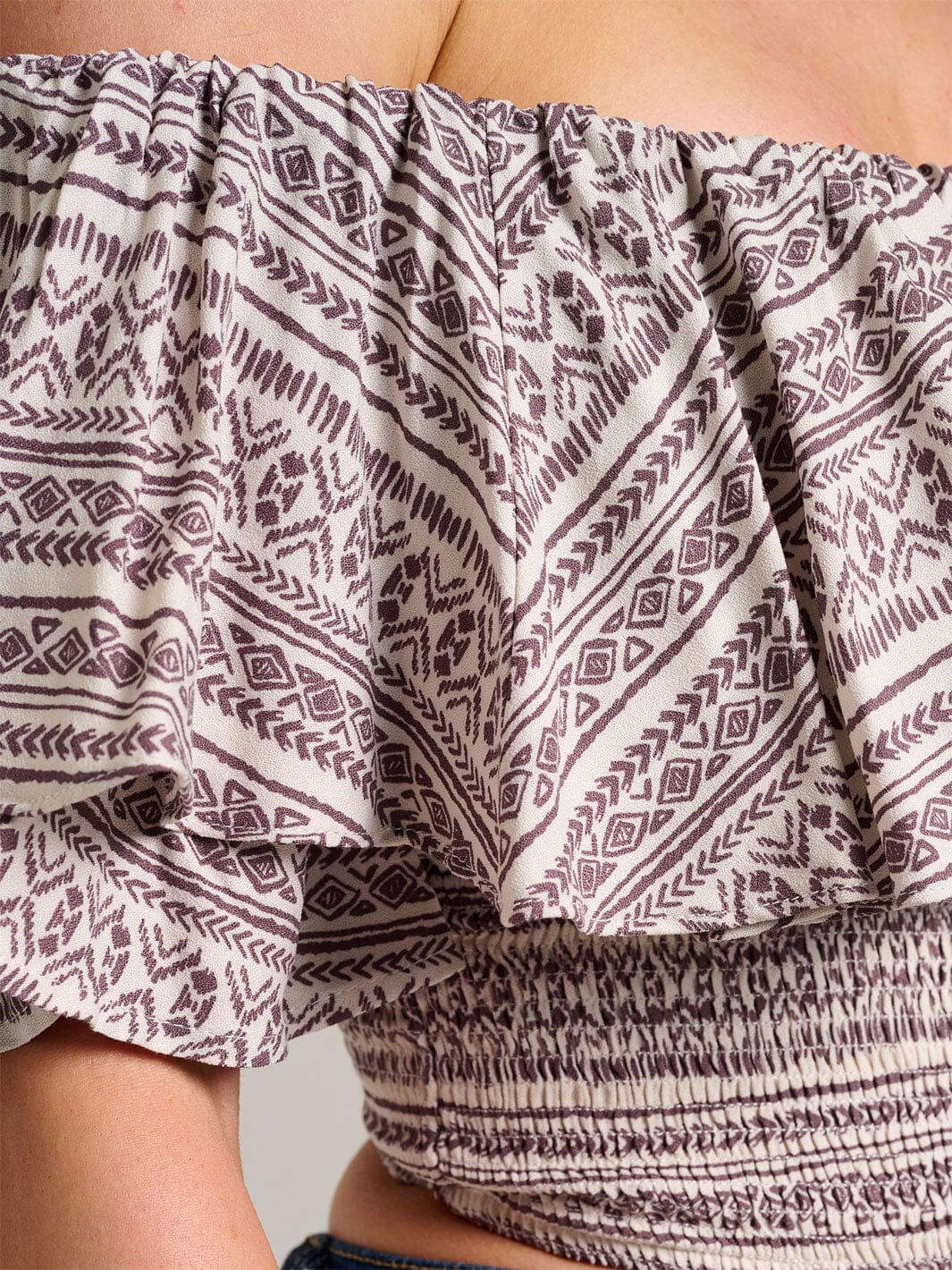 WOMEN'S SLEEVELESS OFF SHOULDER SMOCK RUFFLE PRINT CROP TOP