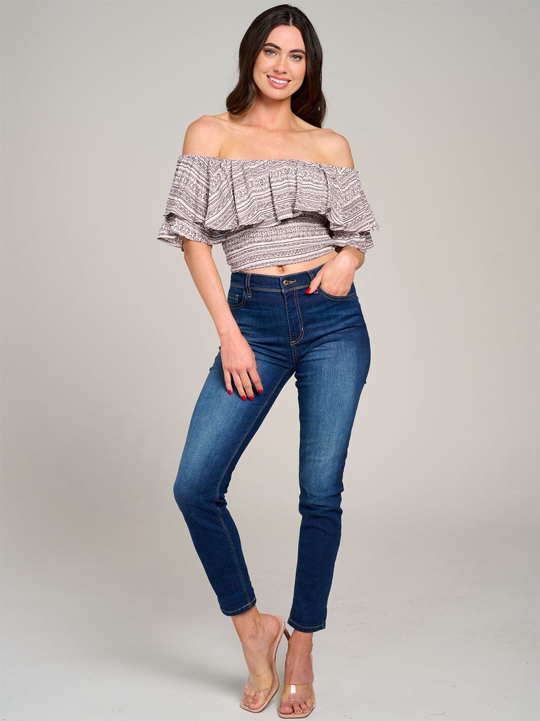 WOMEN'S SLEEVELESS OFF SHOULDER SMOCK RUFFLE PRINT CROP TOP