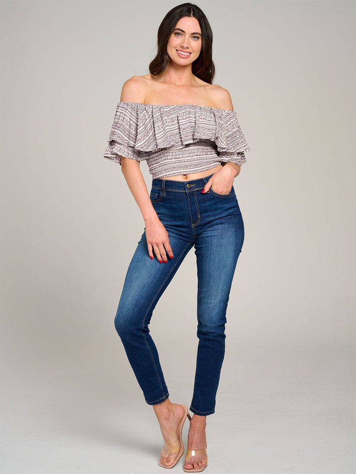 WOMEN'S SLEEVELESS OFF SHOULDER SMOCK RUFFLE PRINT CROP TOP