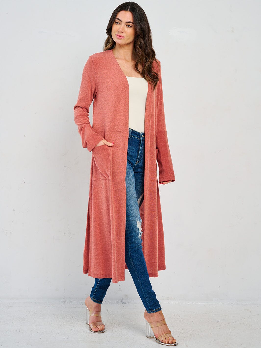 WOMEN'S LONG SLEEVE OPEN FRONT POCKETS CARDIGAN