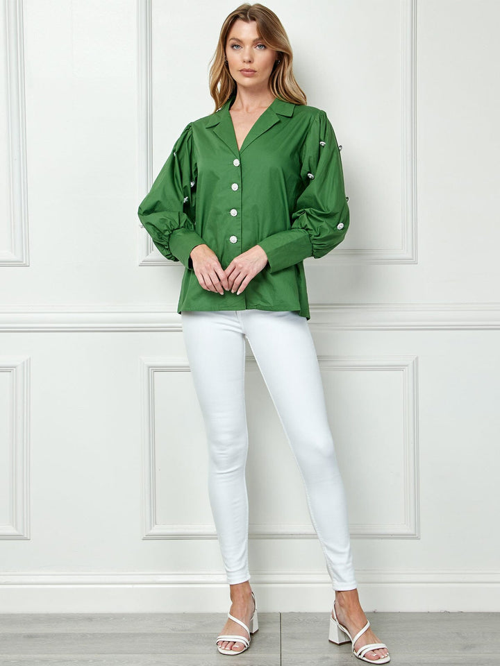 WOMEN'S LONG SLEEVE BUTTON CLOSURE FLOWER DETAILED BLOUSE TOP