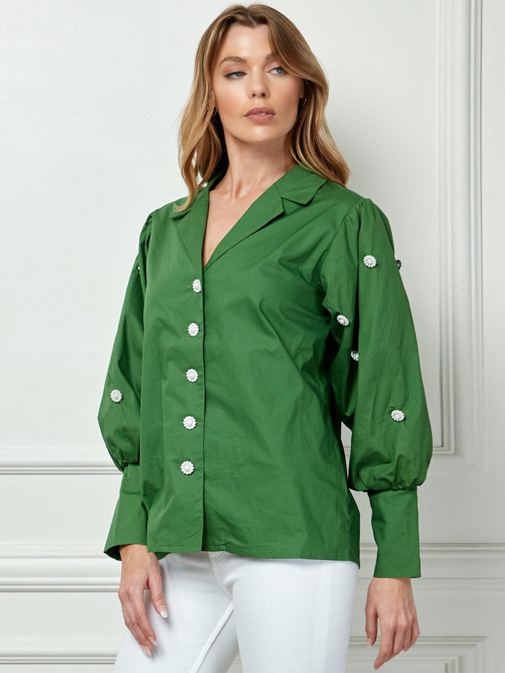 WOMEN'S LONG SLEEVE BUTTON CLOSURE FLOWER DETAILED BLOUSE TOP