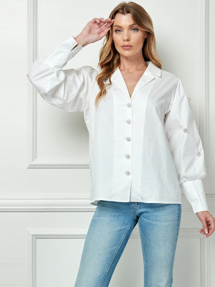 WOMEN'S LONG SLEEVE BUTTON CLOSURE FLOWER DETAILED BLOUSE TOP
